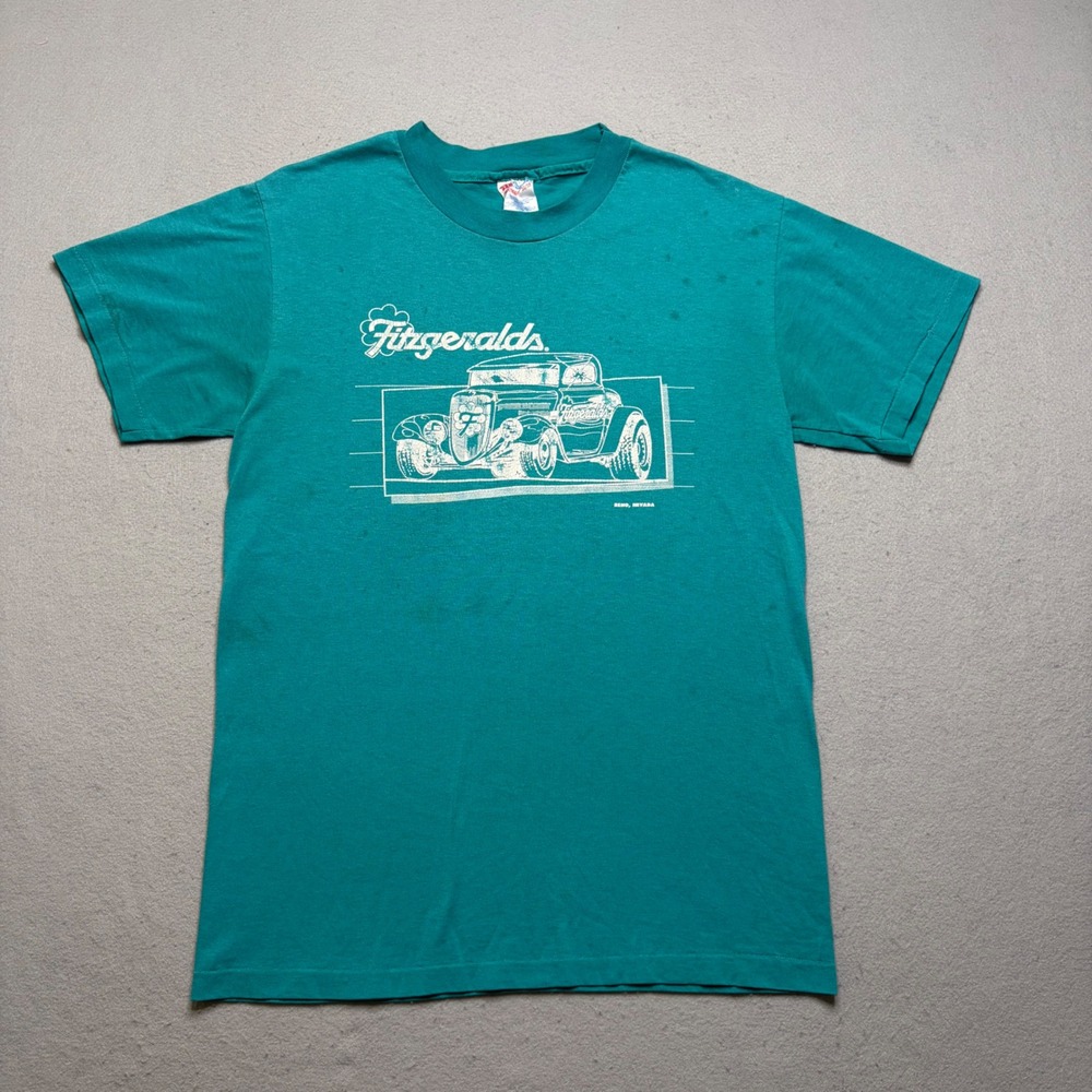Hanes T-Shirt Mens Medium Teal Fitzgeralds Reno‎ Hot Rod Vintage 90s Graphic Tee